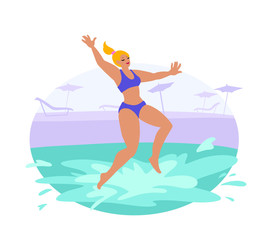 Summer beach vacation. Happy young woman jumping diving into pool.