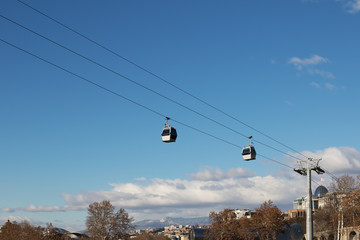 Cableway from Park Rike to ancient fortress Narikala in center Tbilisi, capital of Georgia
