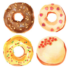 Set of watercolor donut illustrations. Pink, green, white toppings