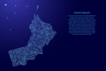 Obraz premium Oman map from blue isolines or level line geographic topographic map grid and glowing space stars. Vector illustration.
