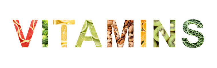 Word VITAMINS made of different products on white background. Banner design