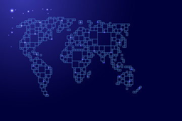 World map map from blue pattern from a grid of squares of different sizes and glowing space stars. Vector illustration.