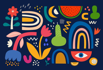 Collection of colorful doodles with sweet summer fruits watermelon, pear and flowers and leaves