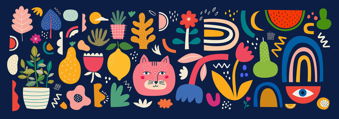 Cute spring pattern collection with cat. Decorative abstract horizontal banner with colorful doodles. Hand-drawn modern illustrations with cats, flowers, abstract elements. Abstract series