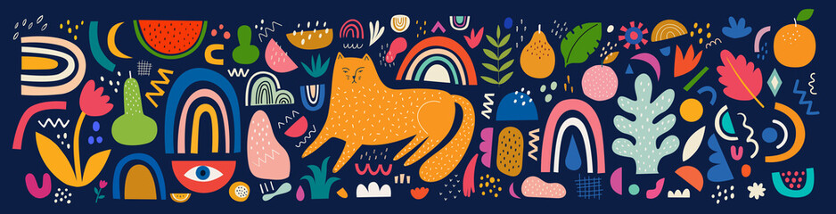 Cute spring pattern collection with cat. Decorative abstract horizontal banner with colorful doodles. Hand-drawn modern illustrations with cats, flowers, abstract elements. Abstract series