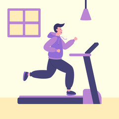 Men on running treadmill in gym at home in self quarantine, protection from virus. Home fitness or GYM during coronavirus quarantine. Coronavirus outbreak concept.