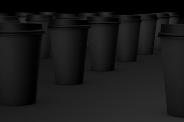 Paper takeaway coffee cups on black background. 3D Illustration