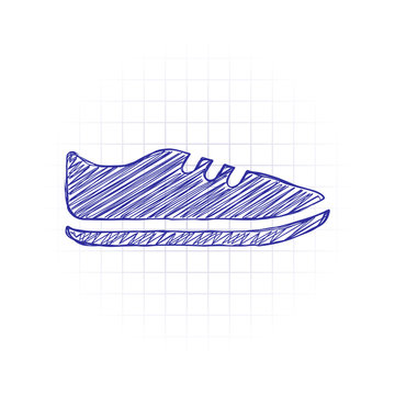 Shoe or sneaker, icon of sport. Hand drawn sketched picture with scribble fill. Blue ink. Doodle on white background