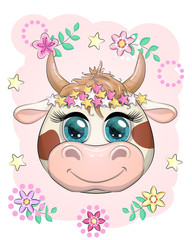 Cute cartoon face cow in a wreath of flowers with beautiful blue eyes. Children s illustration.