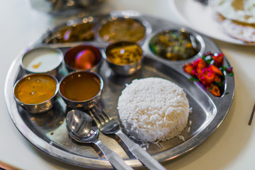 Vegetarian set meal on the table in indian reastaurant