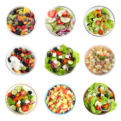 Set with different salads on white background, top view