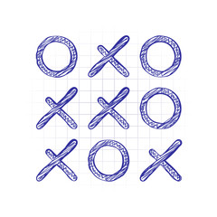 Tic tac toe game, linear outline icon. Hand drawn sketched picture with scribble fill. Blue ink. Doodle on white background