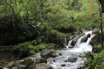 Beautiful landscape of cascade falls over mossy rocks, stones cover with moss, in a Mountain in Sichuan, China