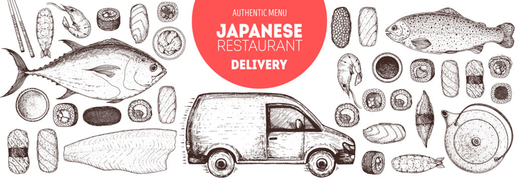 Sushi and rolls vector illustration. Hand drawn sketch. Delivery truck hand drawn. Japanese food menu design. Vintage vector elements for japanese cuisine menu. Food and drink collection. Sushi sketch