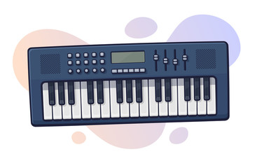 Vector illustration. Electronic keyboard musical instrument synthesizer. Modern electro piano. Pop, disco, dance, jazz equipment. Clip art with contour for graphic design. Isolated on white background