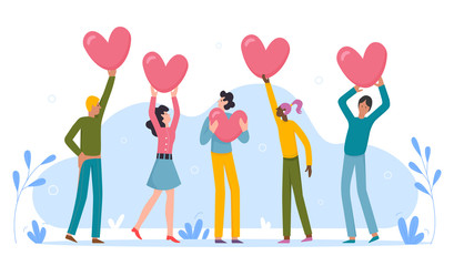 People holding rate love hearts. Show your valentine love. Brief review rating. Review rating and feedback. Customer choice and know your client concept vector illustration.