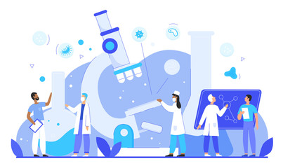 Epidemiologists research pathogens in medicine laboratory flat character vector illustration. Epidemiology concept with scientists, microscope, flasks, microbes, viruses. Science research web template