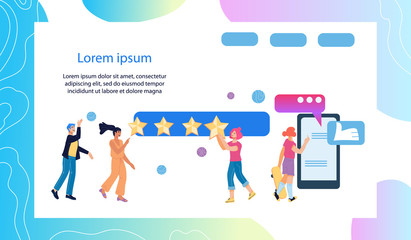 Web banner for rating and customers feedback, online comment and clients support service. People giving five star positive rating to company or internet store. Flat vector illustration.