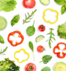 Set of different vegetables and herbs on white background, top view. Fresh ingredients for salad