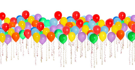 Many color balloons on white background. Festive decor
