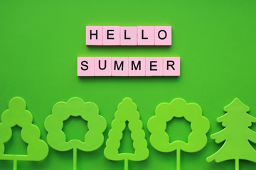 Hello summer words wooden cubes on a green background
