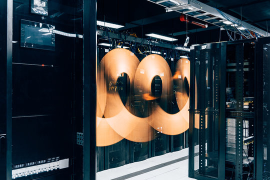 Illuminated light trail in server room