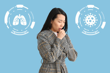 Coughing Asian woman on color background. Concept of coronavirus epidemic