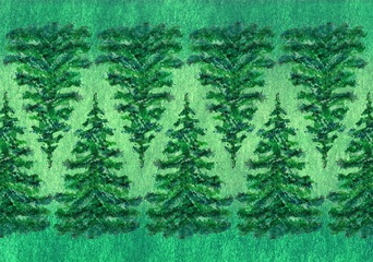 Painted pattern of rows of fur trees on fabric background