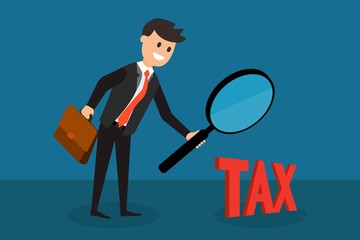 Cartoon accountant with glass investigating tax