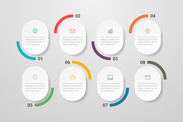 Infographic design with icons and 8 options or steps. Can be used for presentations, flow charts, web sites, banners, printed materials. Vector illustration.