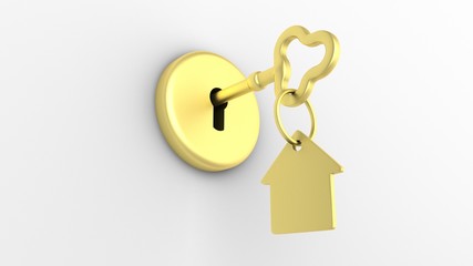House keys isolated on white background. Concept illustration of a dream house. 3D-rendering.