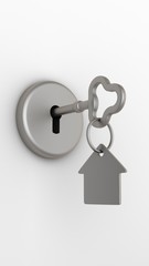 House keys isolated on white background. Concept illustration of a dream house. 3D-rendering.