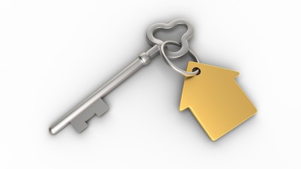 House keys isolated on white background. Concept illustration of a dream house. 3D-rendering.