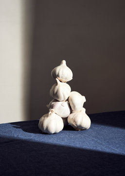 Mountain of garlic on the table