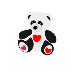 Vector panda bear holding heart isolated on white background. Cute baby panda with heart. Flat stock vector illustration.