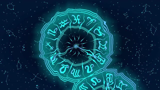 Round Frame with Zodiac Sign and Reflection. Blue Horoscope Symbol. Panoramic Sky Map of Hemisphere. Colorful Constellations on Starry Night Background. Loop Seamless Stock Footage. 3D Graphic