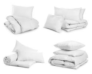 Fototapeta na wymiar Collage of different soft pillows on white background