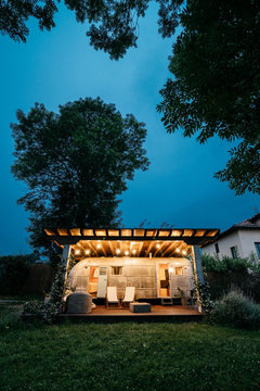 Travel trailer front view at twilight