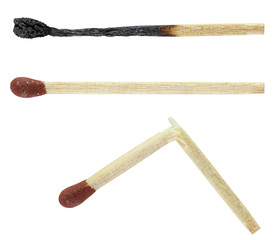 Intact, broken and burned safety match. Objects isolated on a white