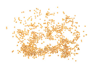 Heap of yellow mustard seeds isolated on a white background, top view.