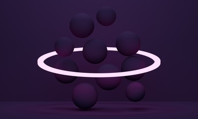 Lilac background with flying spheres and a ring lamp. 3d rendering