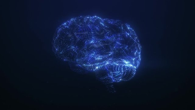 3D render of human brain side view. Blue particles follow brain structure, neuronal and synapse activity, thinking, Artificial Intelligence and deep learning, digital brain with electrical impulses