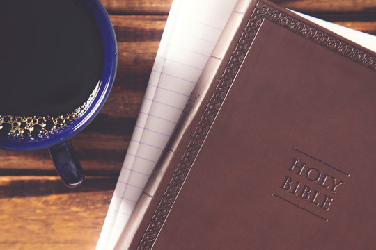 A Personal BIble Study with a Cup of Hot Coffee with Copy Space