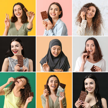 Collage of photos with beautiful young women eating chocolate