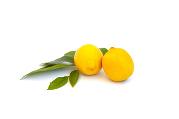 lemons with leaves on a white empty background.