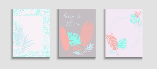 Fototapeta na wymiar Abstract Hipster Vector Covers Set. Tie-Dye, Tropical Leaves Posters. 