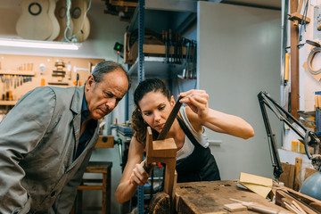 Luthiers working in traditional guitar making business
