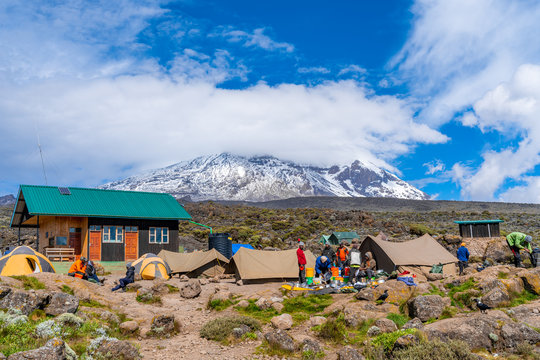 Camping on mount Kilimanjaro in tents to see the glaciers in Tanzania, Africa