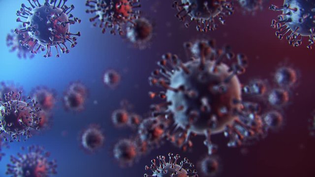 Corona Virus COVID-19 medical animation with realistic virus model. Microscope close up 3D rendering of SARS-CoV-2, responsible for pandemic