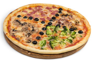 Assorted pizza with mushrooms, pepperoni, seafood, cauliflower on a wooden board on a white background